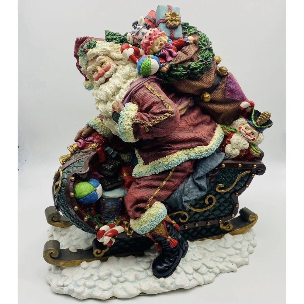 Vintage Santa In Sleigh Figurine 16" Large Christmas Holiday Decor Enesco 1995